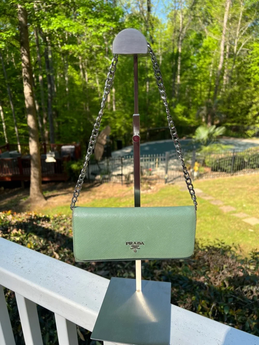 Prada Saffiano Leather Clutch in Mint Green with Silver Chain insert - Picture 4 of 17